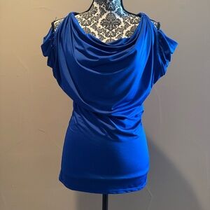 Bebe Blue Sleeveless Ruched Ruffled Blouse